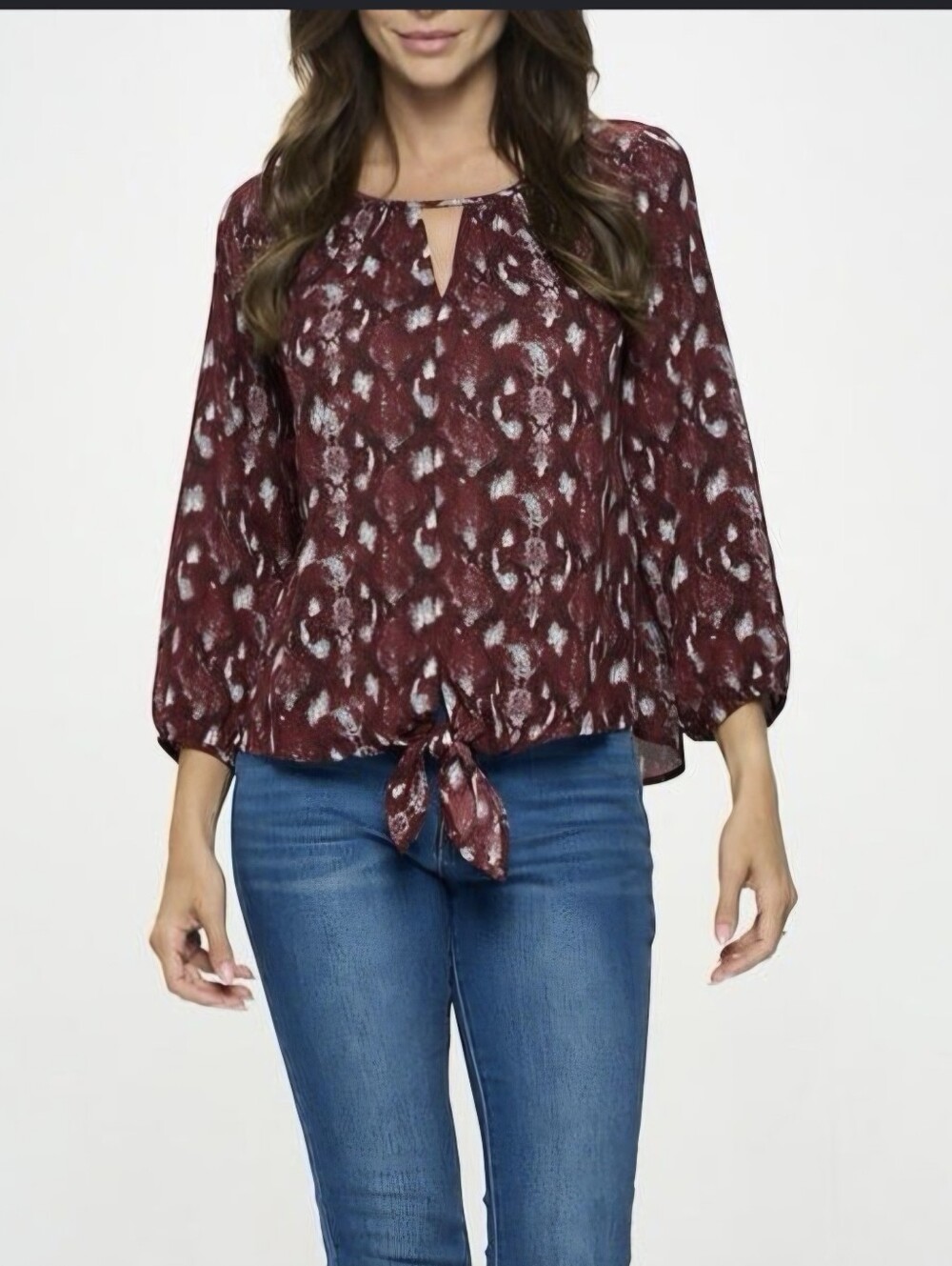West Kei Veronica Burgundy Snake Print Keyhole & Tie Front Elastic Cuff Top EUC